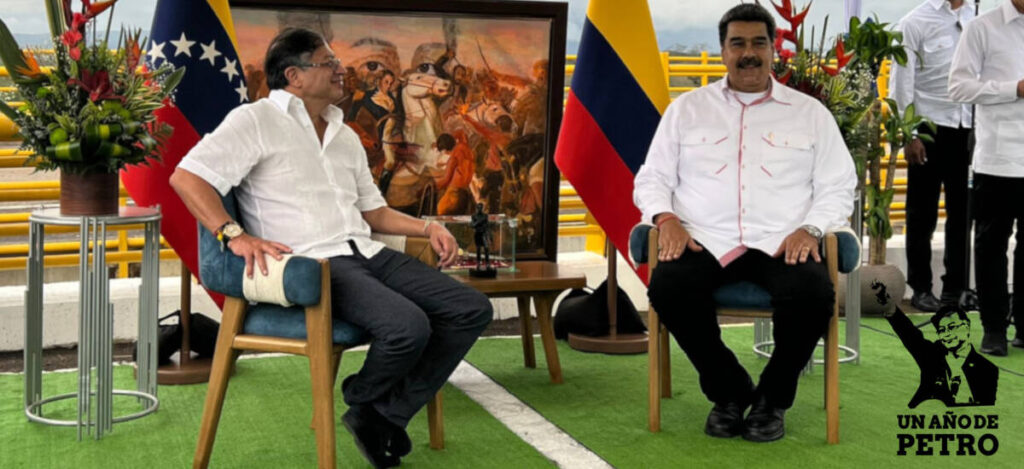 Los presidentes Gustavo Petro y Nicolás Maduro, en la línea fronteriza entre Colombia y Venezuela. Cortesía: Presidencia de la República. Especial Un año de Petro.